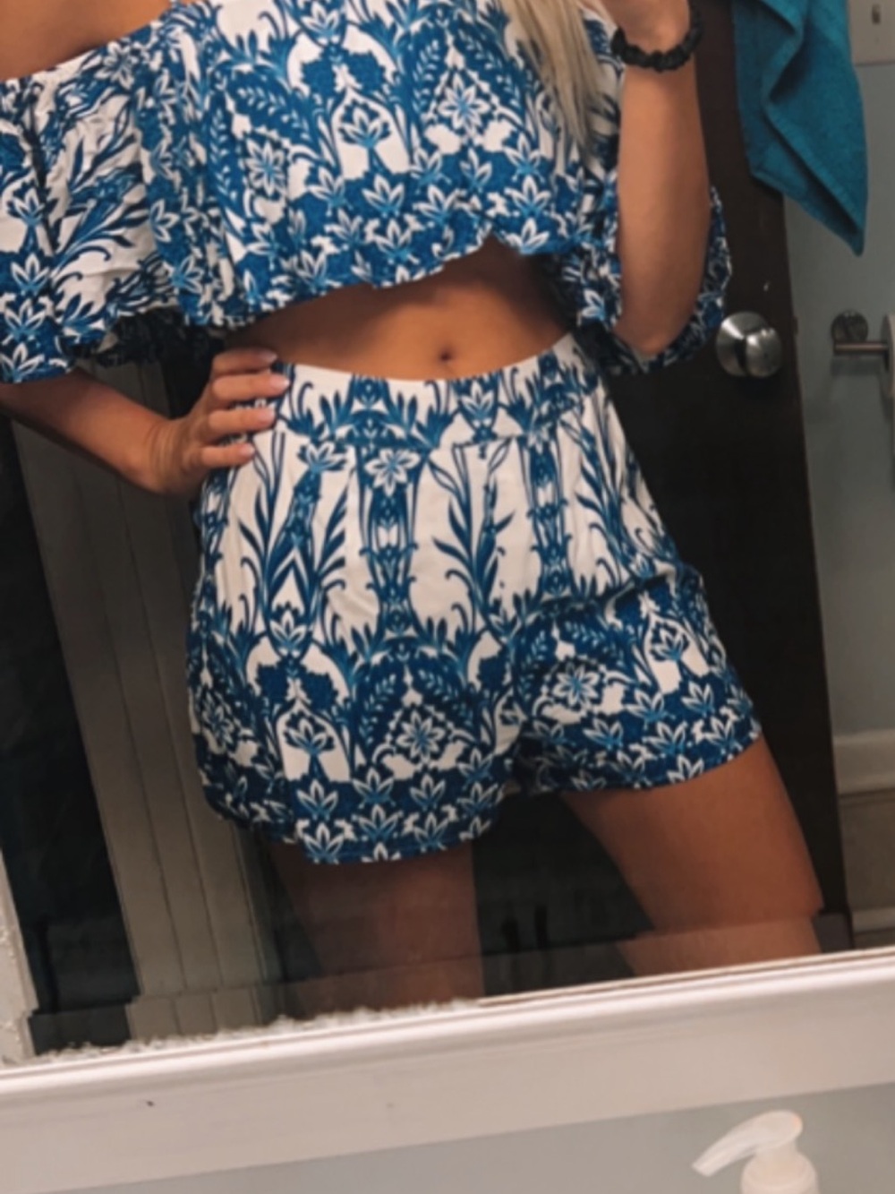 Luxxel Blue and White Printed High-Waist Shorts set